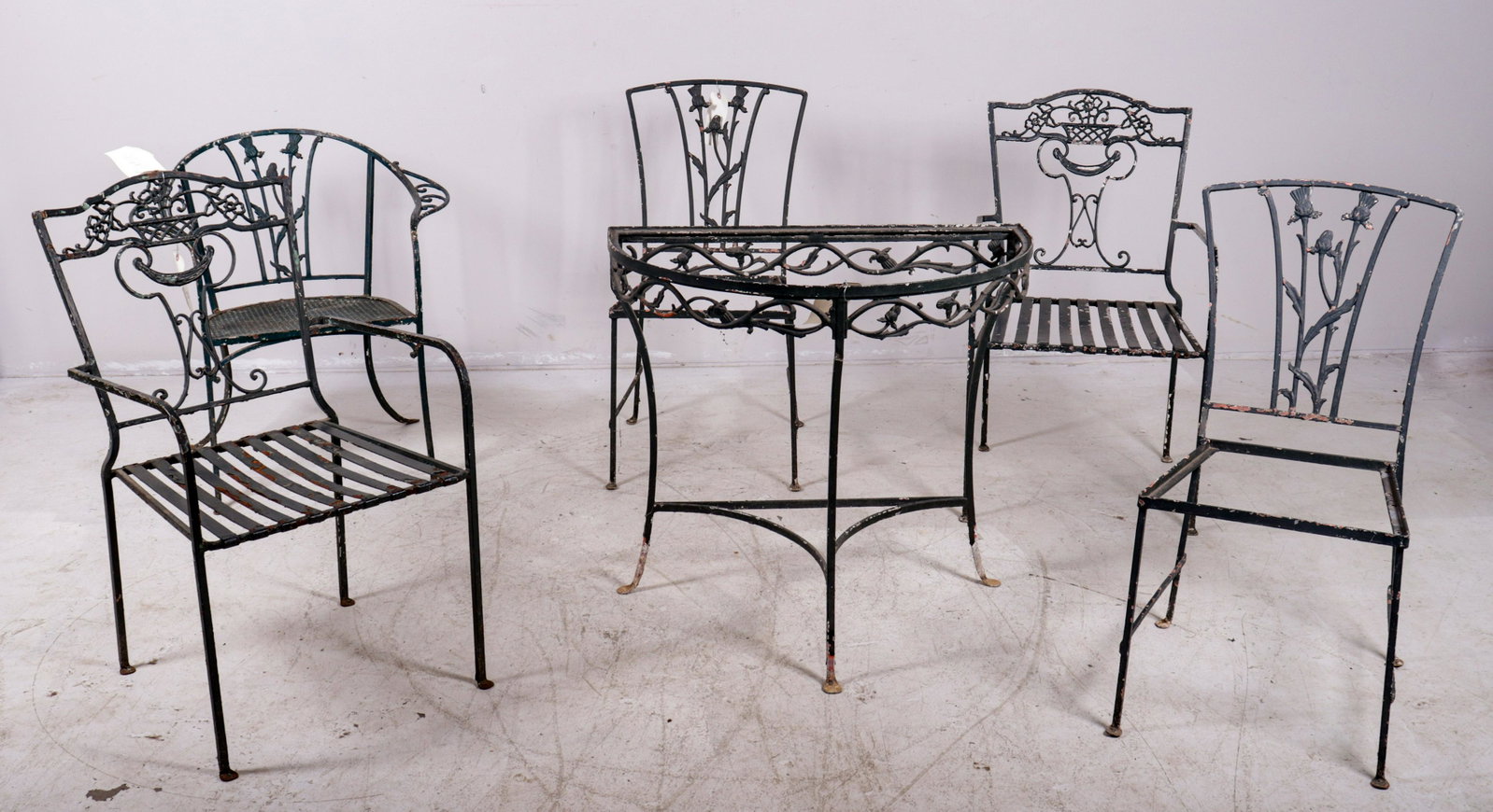 (6) pc Woodard style assembled patio set: (6) pc Woodard style assembled patio set, c/o pair armchairs, pair side chairs, armchair, demilune console table w/out glass, green painted, largest 34"h x 20"w x 18"d, wear to paint