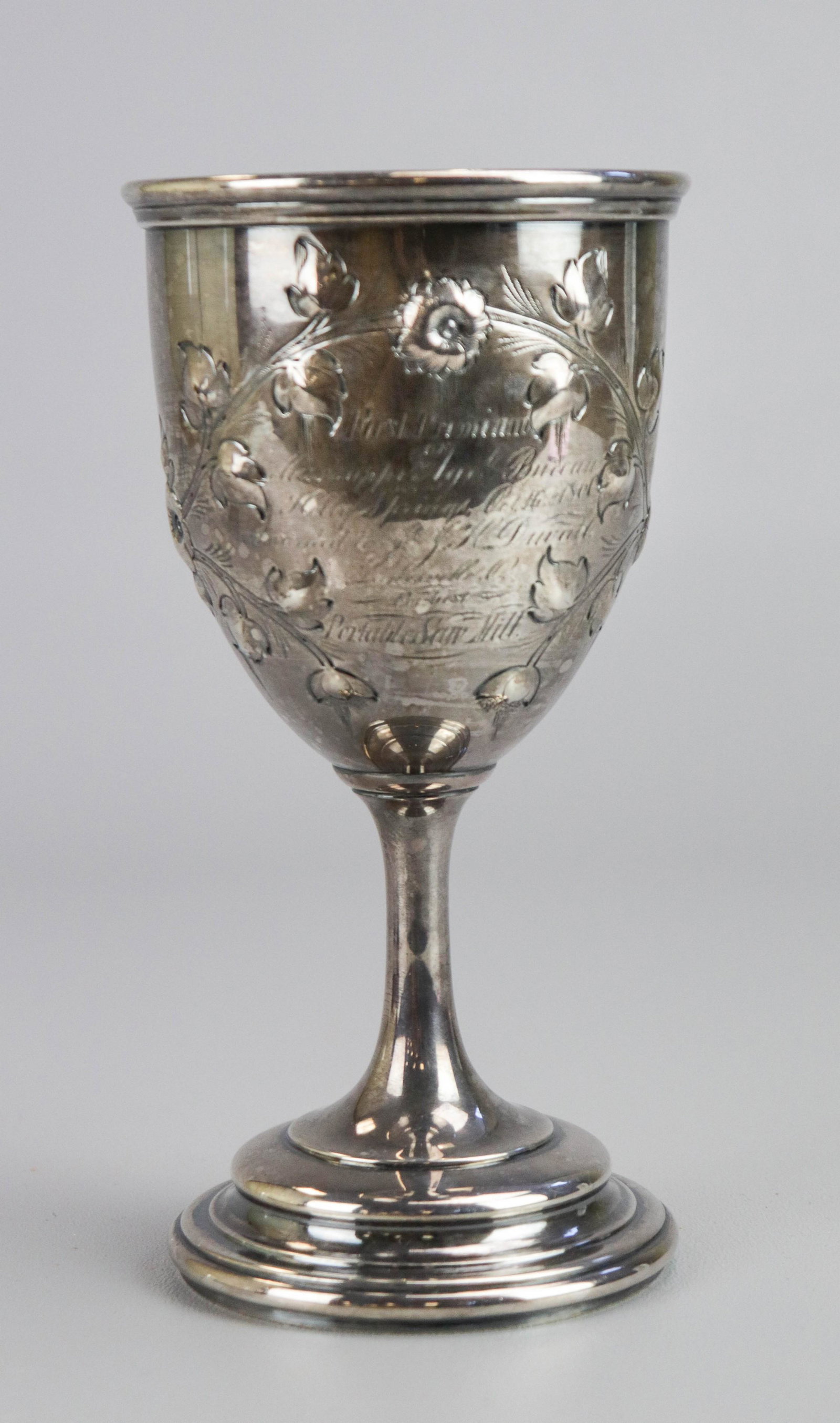 Fine 1860 SP Southern Trophy Cup: Fine 1860's SP southern trophy cup, goblet form in repousse floral decoration with engraved sentiment reading, "First premium of Mississippi Agl. Bureau, Holly Springs Oct 16th 1860, awarded to JJ H D