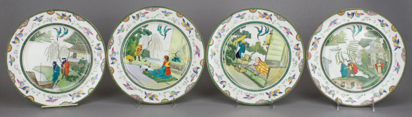 (4) Royal Doulton Willow Story Plates: (4) Royal Doulton porcelain plates, Willow Story detailing the lives of Chang and Koongshee, all with explanation on reverse, each scene, although vaguely Chinese in style, is in fact a European inter