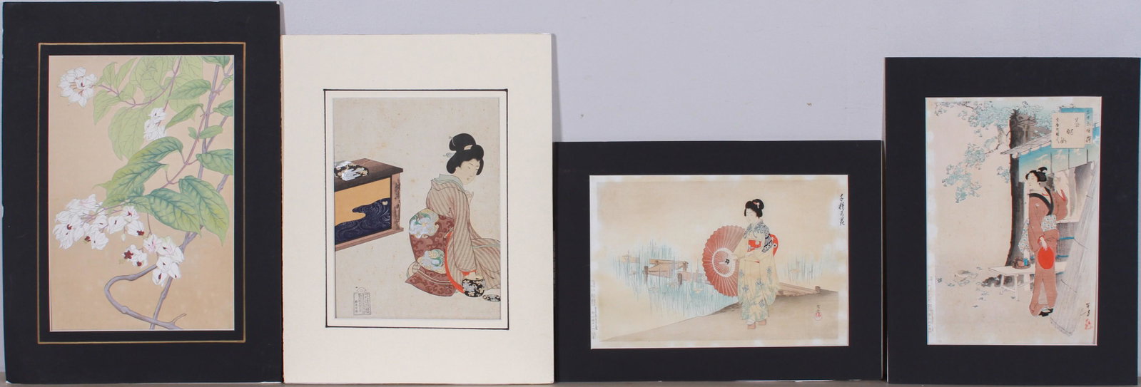 (4) Japanese Woodblock Prints: (4) Japanese woodblock prints depicting flowers and women, woodblock print on paper, largest measures 14-1/2" x 10", fair to good condition