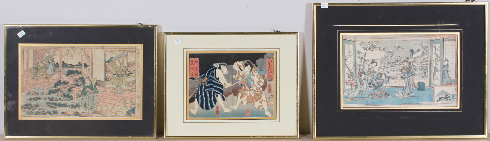 (3) Japanese Woodblock Prints: (3) Japanese woodblock prints depicting Samurai, woodblock print on paper, largest measures 12" x 7-1/2" sight, largest framed size 14-1/2" x 18-1/2", poor to fair condition