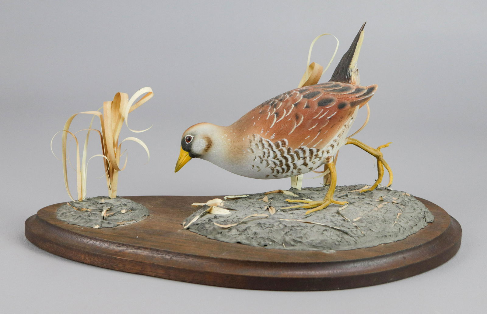 Richard Roth Carved & Painted Bird: Carved & painted wood bird by Richard Roth, Sora Rail, signed on base 11/96, on wood base, 14" w x 7" h overall