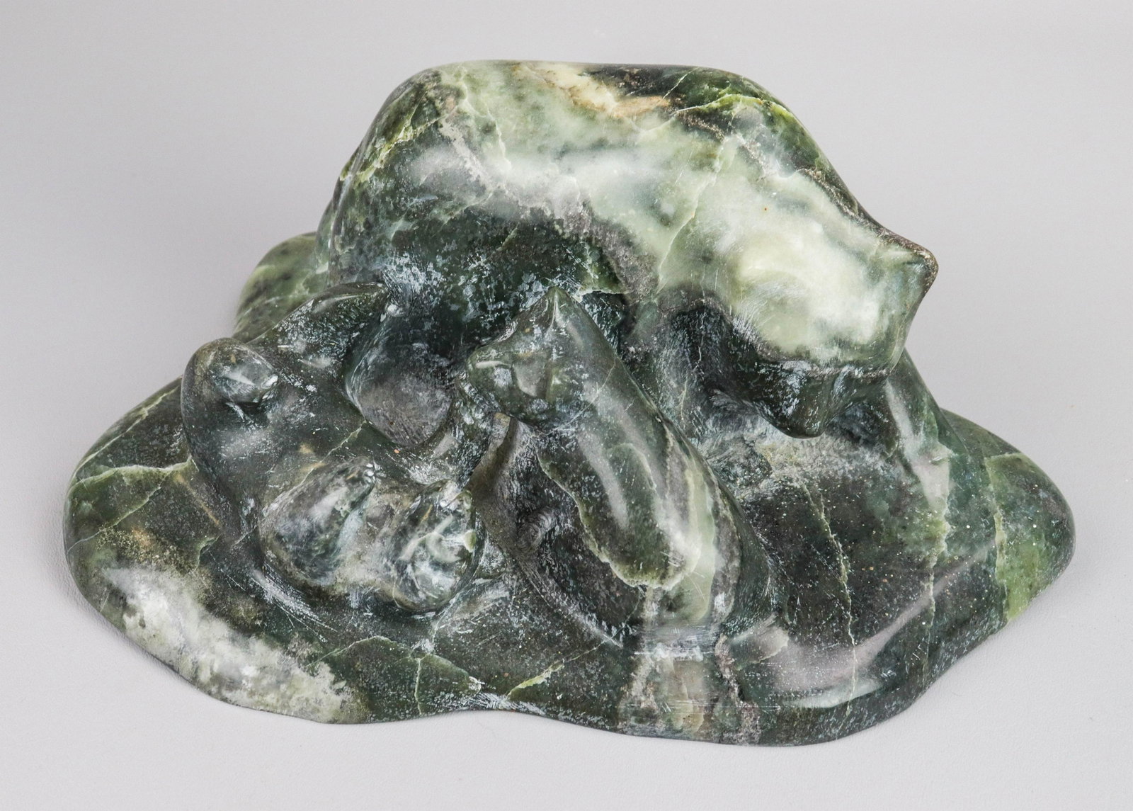 Carved Green Stone Bear Family: Carved green stone bear family sculpture, mother bear & 2 cubs, possibly Serpentine, signed R Colborn 98, 12" x 8-1/2" x 5-3/4" h