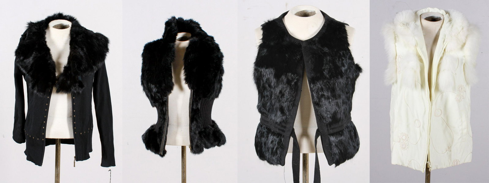 (4) Fur Vests: (4) Fur vests to include Mitchies cream rabbit trimmed vest, 38" bust, some staining, The Cue Cher Qu rabbit and wool vest, 34" bust and Patrizia Luca wool and rabbit vest, 30" bust. Also to Include R