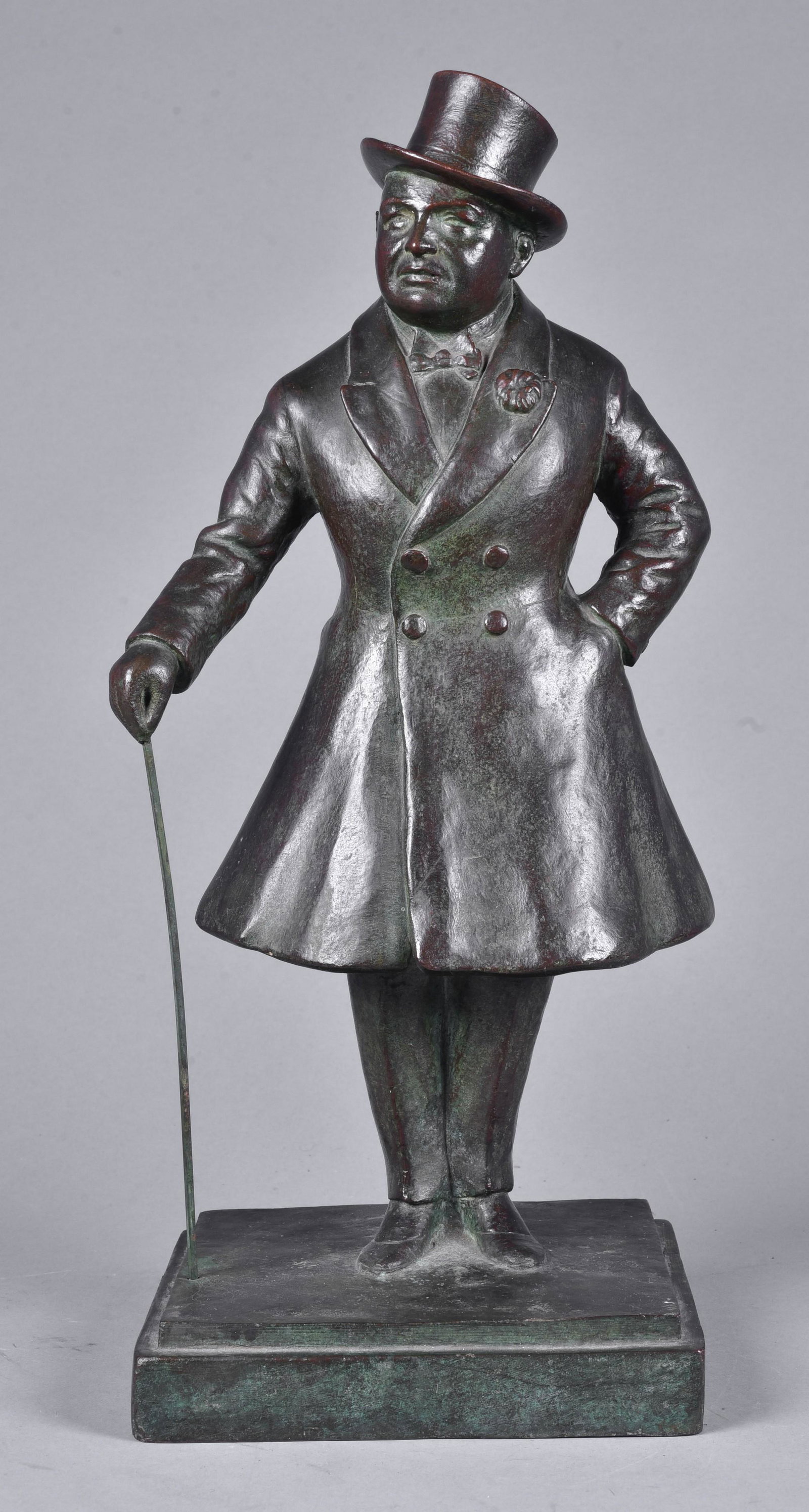 Trygve Thorberg, Bronze Sculpture of a Man in Top Hat: Trygve Thorberg, American, b 1884, Kongsburg, Norway, d 1944, Oslo, Norway, Bronze Sculpture of a Man in Top Hat & Coat with Walking Stick, cast by Gorham Co, Founders, He studied in New York & mai