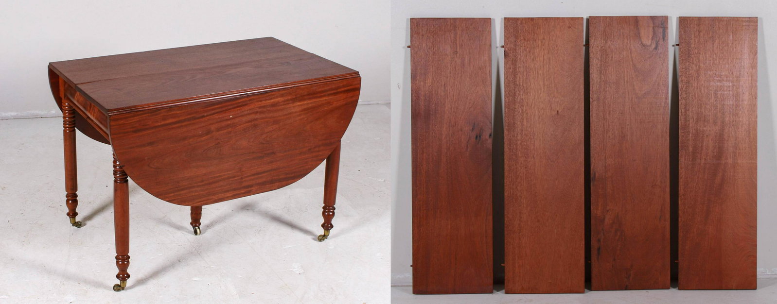 Mahogany Sheraton drop leaf banquet table: Mahogany Sheraton drop leaf banquet table, 29-1/2"h x 41-1/2"w x 25"d, two 16"rounded drop leaves, four 12"w boards