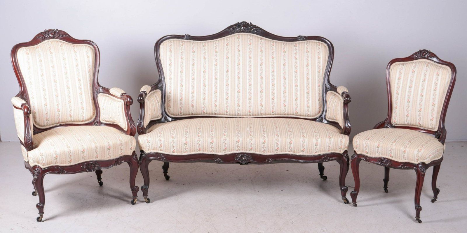 Louis XIV Style 3 Pc Parlor Set: Louis XIV Style 3 Pc Parlor Set c/o Settee, Armchair, Side Chair, all in matching striped floral silk upholstery in excellent condition, 2nd half 19th c, settee 54" w, 34" high
