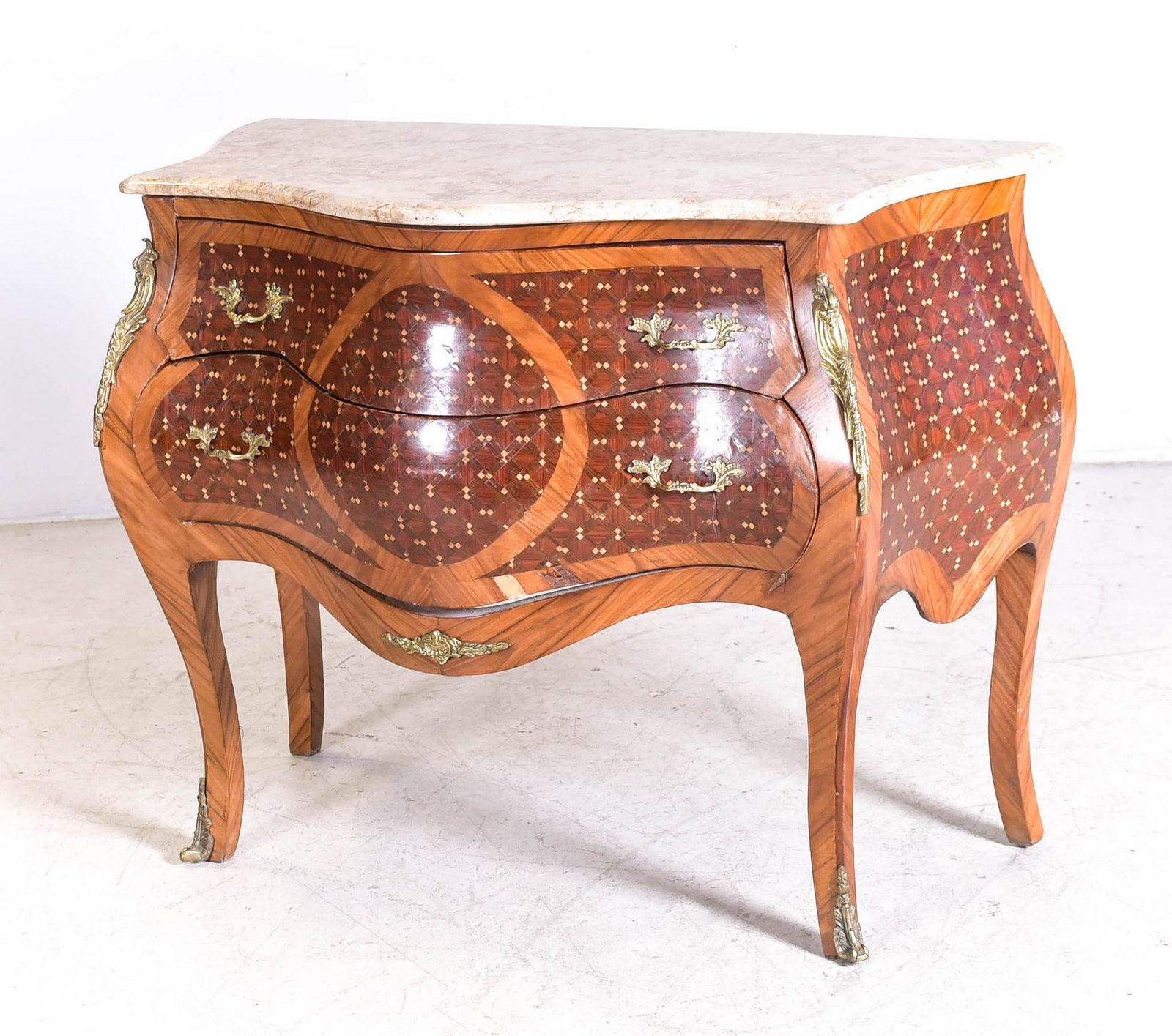 French style parquetry inlaid bombe commode: French style parquetry inlaid bombe commode, marble top, two drawers, top drawer missing bottom, gilt metal mounts, 33"h x 41"w x 20"d, wear and damage to veneer