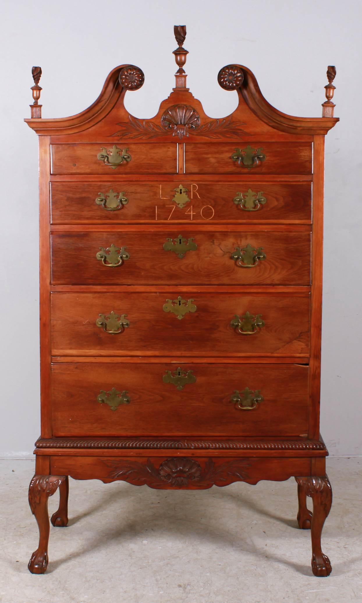 Chippendale style walnut 2-pc highboy: Chippendale style walnut 2-pc highboy, top section with some 18th c. elements, inlaid "LR 1740", on stand with claw and ball feet on cabriole legs, refinished, drawer patches, replaced brasses, 77"h x