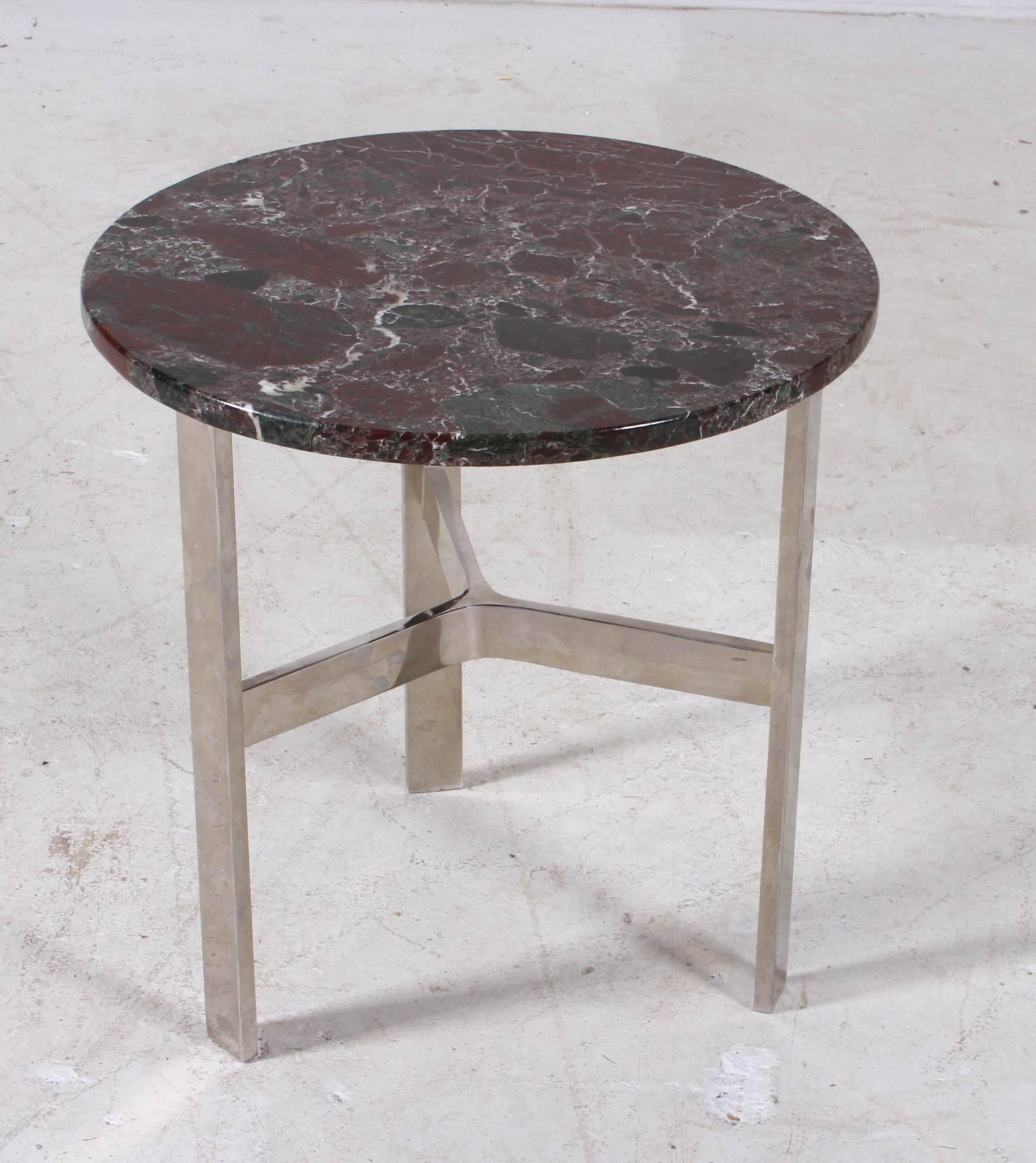 Milo Baughman style chrome and marbletop side table: Milo Baughman style chrome and marbletop side table, round marbletop, chrome cross base stretcher, 18-1/2"h x 18" diameter