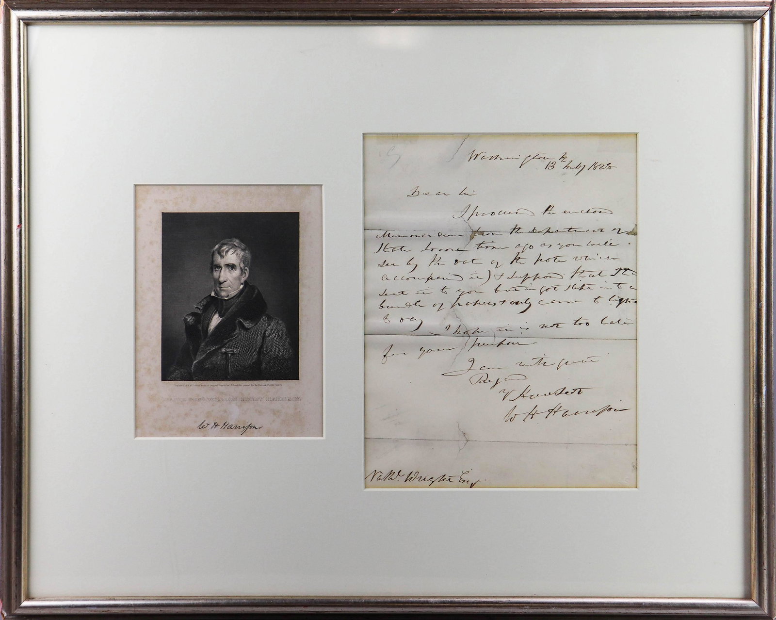 William Henry Harrison, 9th US President, ALS: William Henry Harrison, 9th US President, ALS, 13 July, 1828, to ____ Wright, Esq, a letter expressing approval/permission, difficult to read, sight size 9 1/2" x 7 1/4" framed with an engraved portra