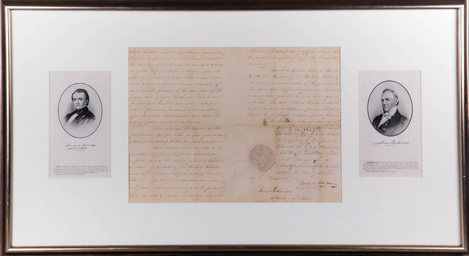 es K Polk, 11th US President, ADS, June 29, 1848: James K Polk, 11th US President, ADS, June 29, 1848, 2 sided document, a Presidential Pardon for ----Smith, signed by Polk and countersigned by James Buchanan as Secretary of State,