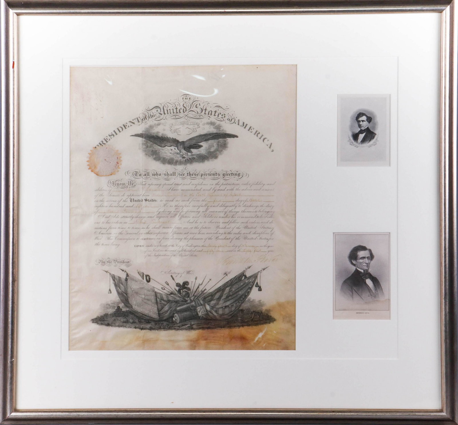 Franklin Pierce, 14th US President, DS, 1856: Franklin Pierce, 14th US President, DS, October 1, 1856, Commission of "James Carroll as 2nd Lieutenant 10th Regiment of Infantry", countersigned by Jefferson Davis as Secretary of War, sight size 18 