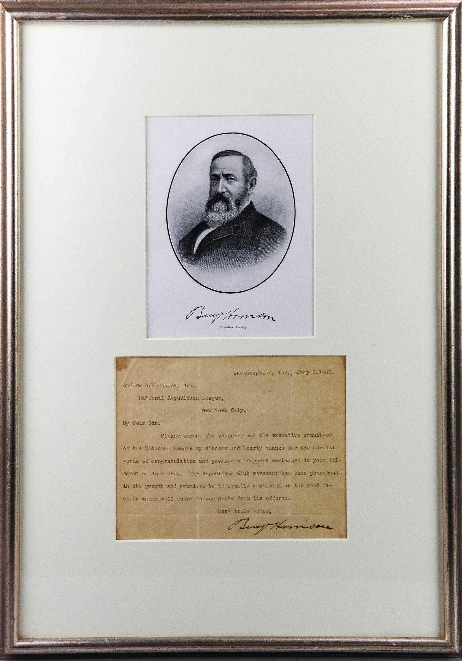 Benjamin Harrison, 23rd US President, TLS: Benjamin Harrison, 23rd US President, TLS, July 3, 1888, letter of thanks to Andrew Humphrey, National Republican League for support and congratulations on election, 5 3/4" x 7 3/4" sight size, framed