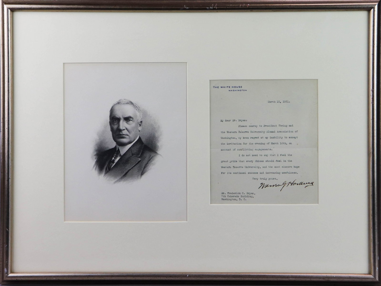 Warren Harding, 29th US President, TLS, 1921: Warren Harding, 29th US President, TLS, March 12, 1921, letter of regret declining an invitation to Western Reserve University, sight size 7" x 6", framed with an engraved portrait, overall size 16" x