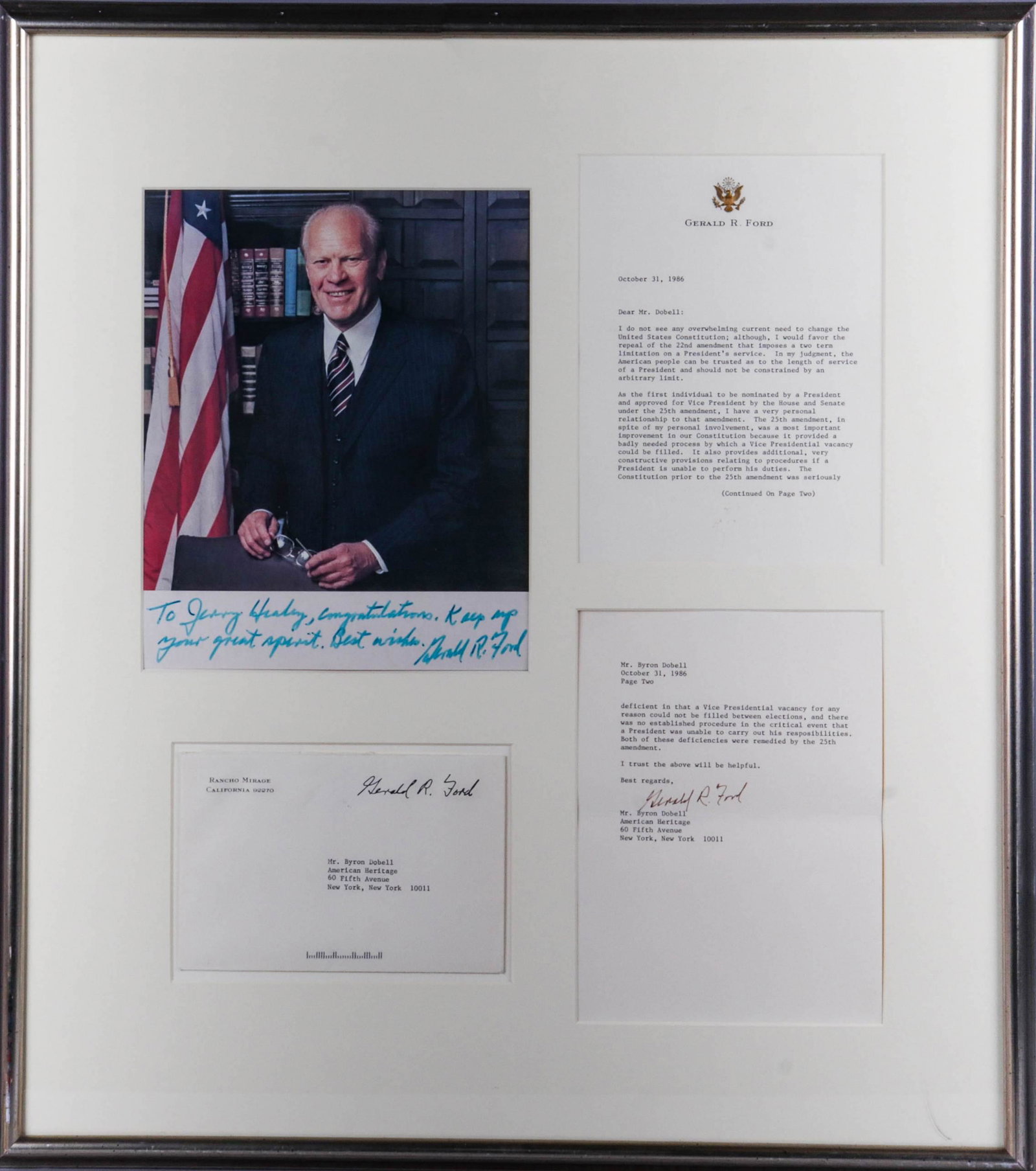 Gerald R. Ford, 38th US President, TLS & Photo: Gerald R. Ford, 38th US President, TLS & Signed Photo, 2 pp TLS to Byron Dobell, American Heritage, NY, NY, October 31, 1986, post presidential, discussing changing the US Constitution, repealing the 