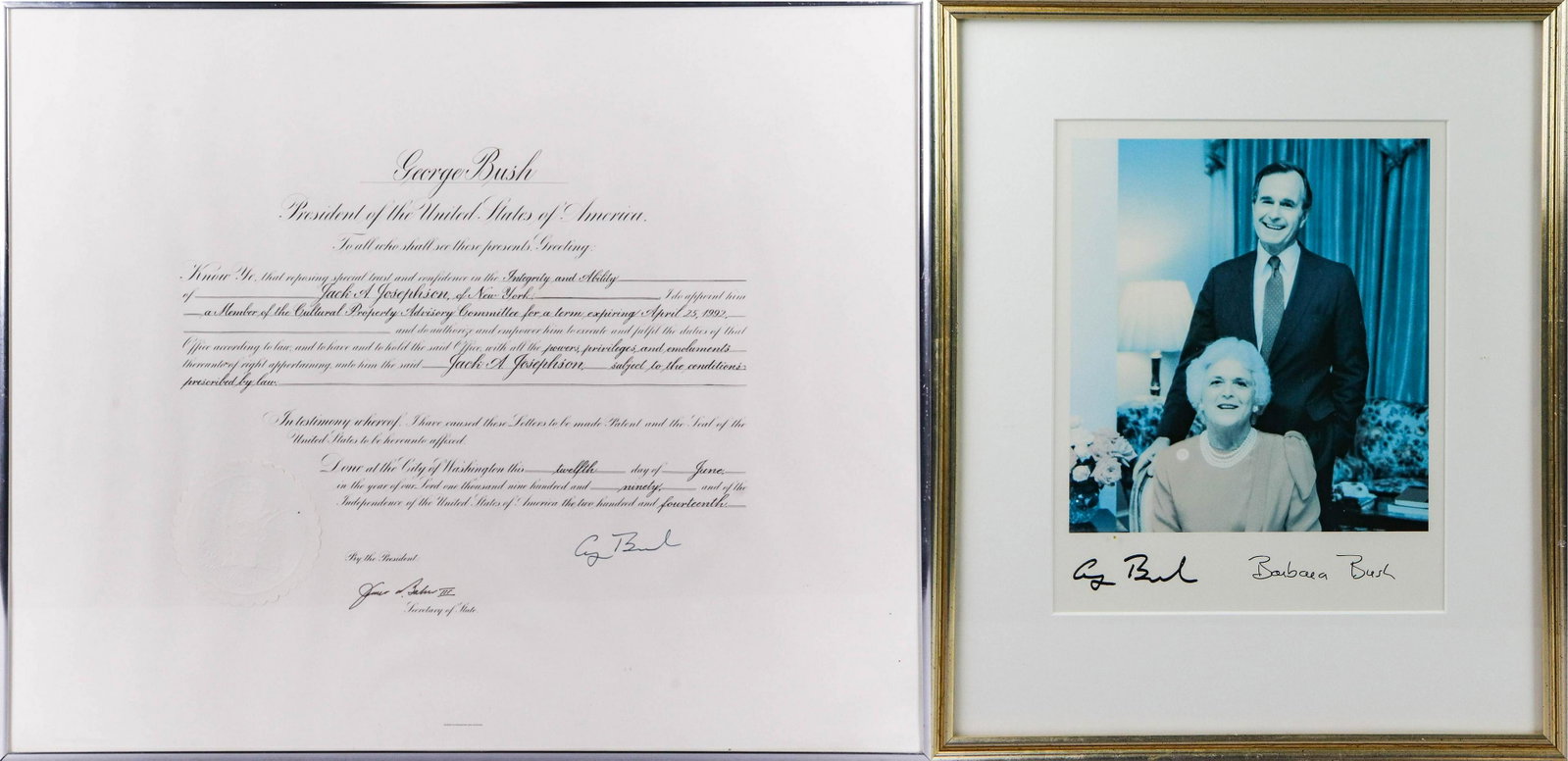 George H W Bush, (2) documents, facsimile sigs: George HW & Barbara Bush, 41st US President & First Lady, signed color photograph, facsimile; along with 1992 appointment to Jack Josephson of NY to Cultural Property Advisory Committee, countersigned
