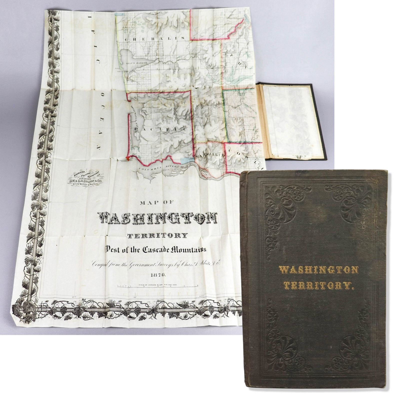 White, Charles A, Map of Washington Territory West of: White, Charles A, Map of Washington Territory West of the Cascade Mountains. New York: G.W. & C.B. Colton & Co., 1870. Lithographed map on four sheets, 123 x 167 cm, hand-colored. (Some creasing.) Ori