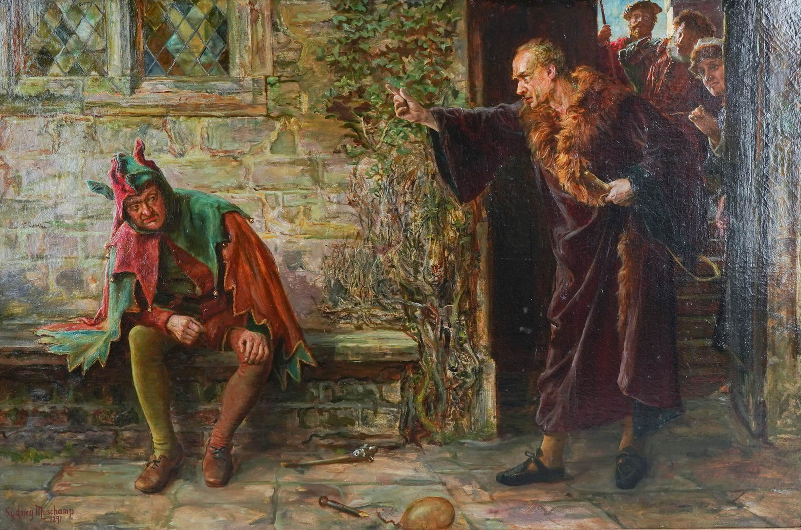 Francis Sydney Muschamp, o/c, Jester on a Bench: Francis Sydney Muschamp, British, 1851-1929, o/c, 20" x 30", Jester on a Bench, relined, Ex: Pennsylvania Hospital Collection, Old relining and restoration, puncture at top center of painting, areas o