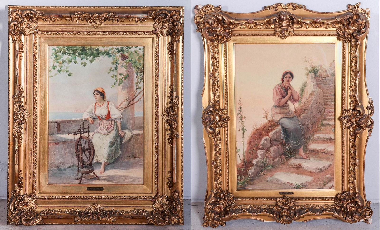 (2) Luigi Olivetti, Italian, 19/20th c, w/c: (2) Luigi Olivetti, Italian, 19/20th c, w/c, Shepherdess Sitting on Steps, Lambs at Top, Capri, 1902, Woman with Spinning Wheel, 1901, Sight size 21" x 14", in gilt frames, losses, corners broken, som