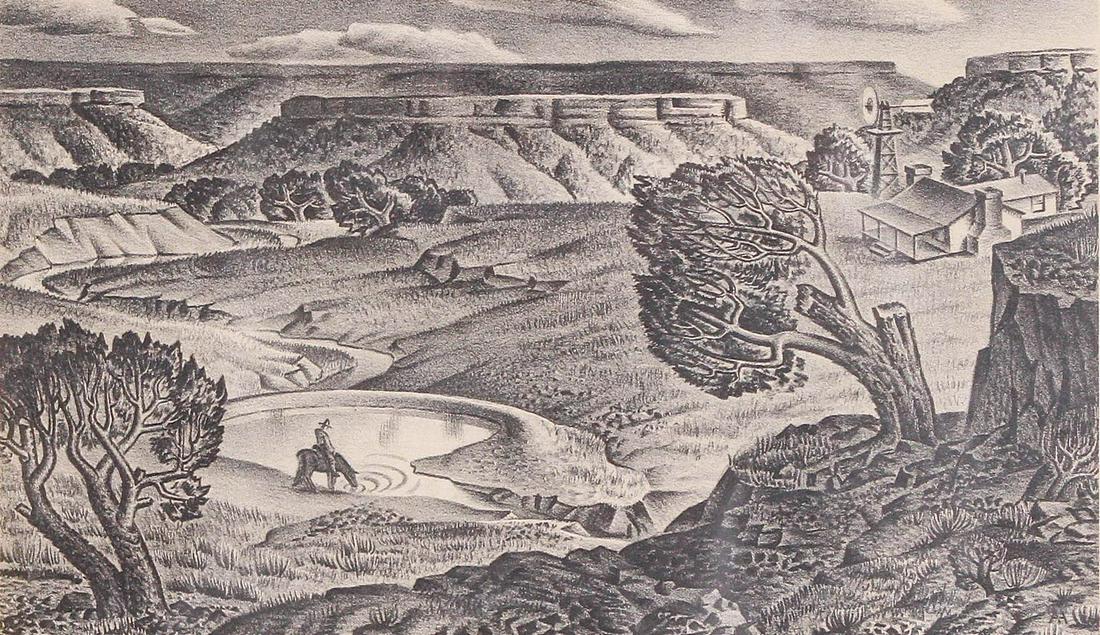 Alexandre Hogue "Cap Rock Ranch": Alexandre Hogue (American, 1898-1995) "Cap Rock Ranch", lithograph on paper, pencil signed "Alexandre Hogue", image size 7" x 11-7/8", framed 14-3/4" x 17-1/2", good condition with toning, not inspect