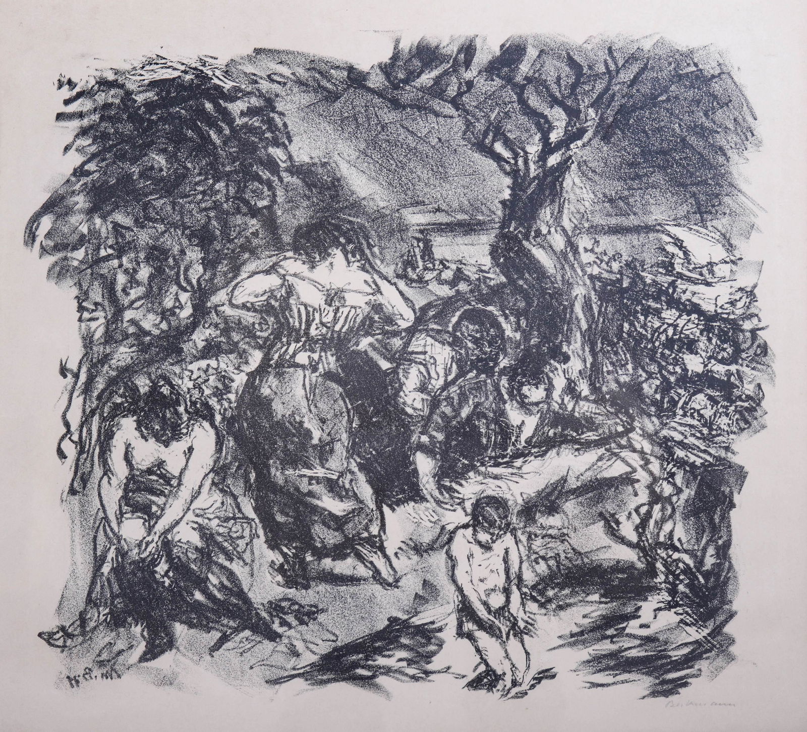 Max Beckmann Lithograph "Tegeler Freibad": Max Beckmann lithograph "Tegeler Freibad", lithograph on paper, pencil signed "Beckman", 12-1/2" x 13-3/4" image, framed size 23-3/4" x 24-3/4", good condition