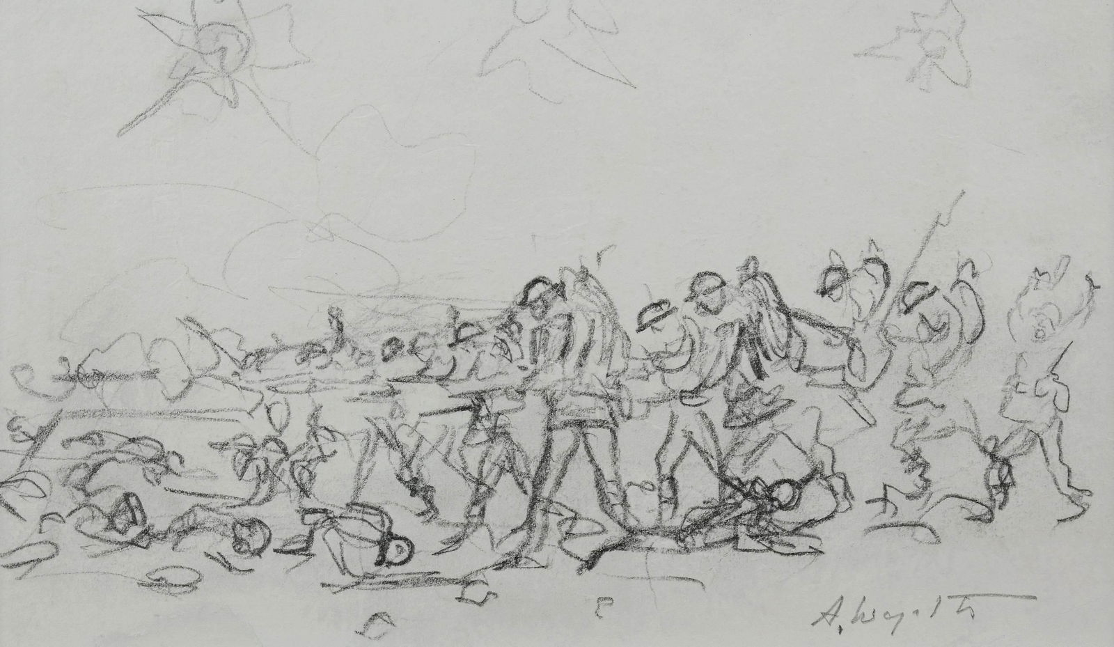 Andrew Wyeth, pencil drawing, WWI Soldiers: Andrew Wyeth, American, 1917-2009, pencil drawing, WWI Soldiers, 4 3/4" x 8 1/2". With a COA dated 10/10/06 signed A. Wyeth, provenance Lee Conklin, Discount Picture Framing and Gallery, Claymont DE,