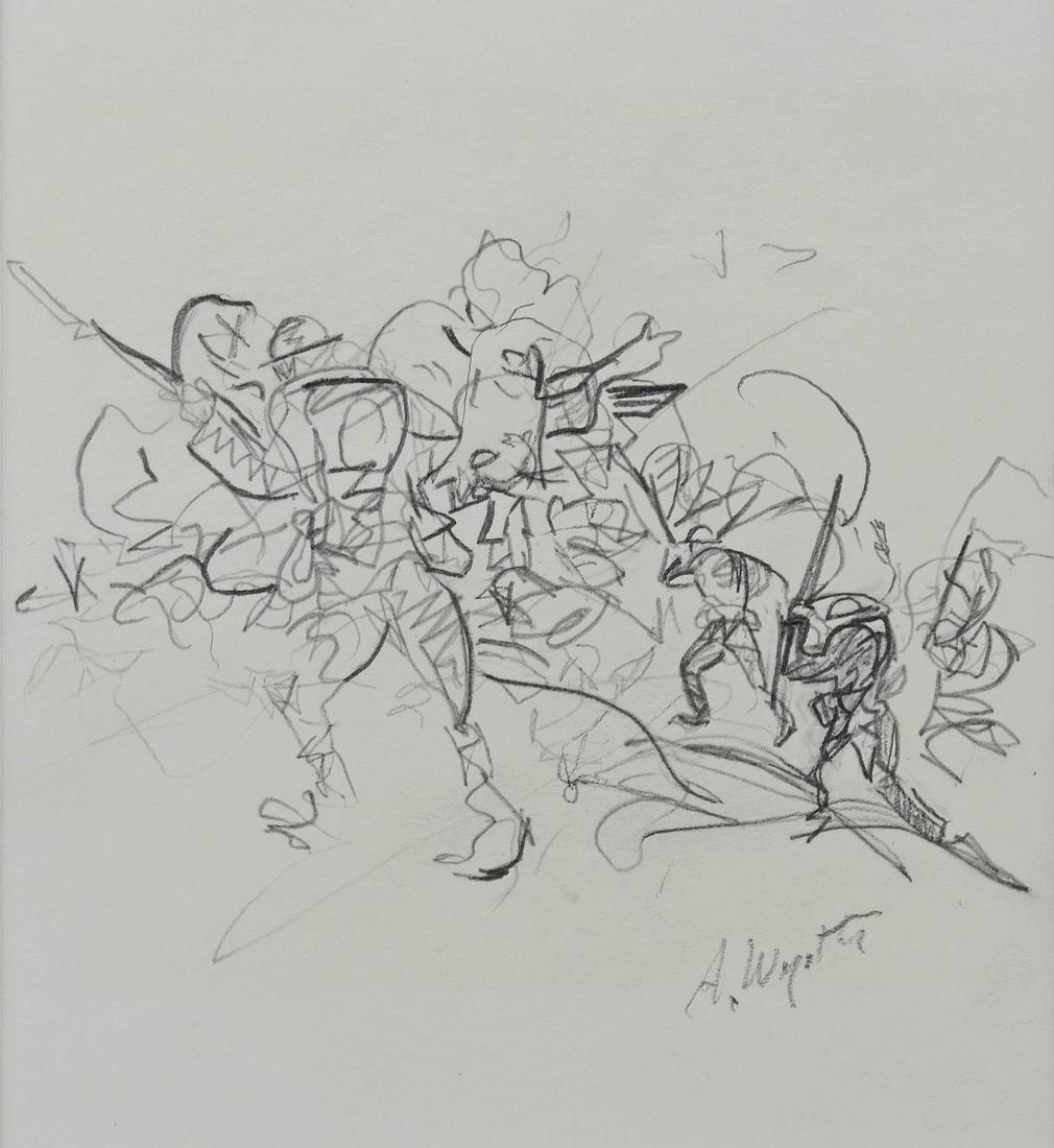 Andrew Wyeth, American, pencil drawing, WWI Soldiers: Andrew Wyeth, American, 1917-2009, pencil drawing, WWI Soldiers, early drawing by Wyeth, pencil on paper, signed A. Wyeth, includes COA dated 10/10/06, Provenance: Lee Conklin, Discount Picture Framin
