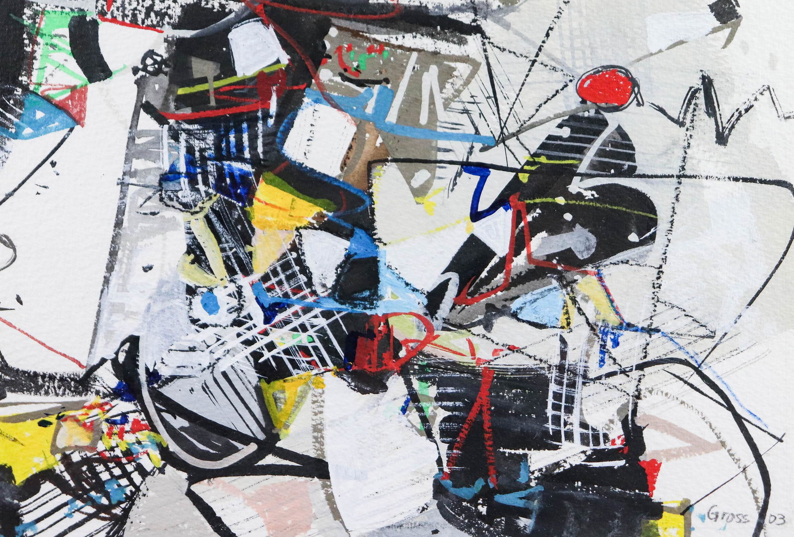 Michael Gross Abstract "Red Ball in Field": Michael Gross, 21st C American MD artist, abstract "Red Ball in Field, acrylic and gouache on board, signed "Gross '03", exhibited 2003 at Kathleen Ewing, Washington, DC, 7"x 11" sheet, framed 15-1/2"