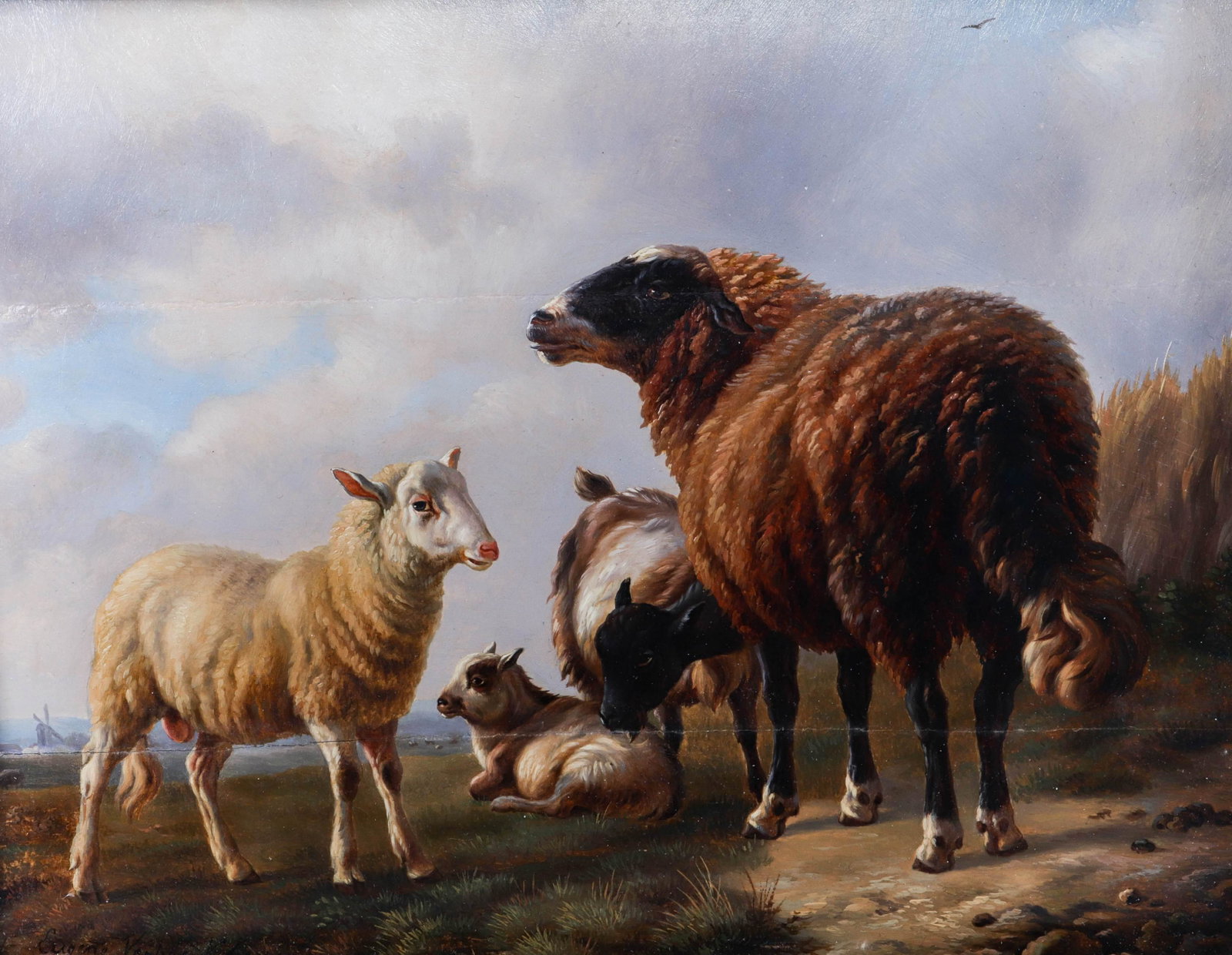 Eugene Verboeckhoven "Sheep in Landscape": Eugene Verboeckhoven (Belgian, 1798-1881) "Sheep in Landscape", oil on panel, signed "Eugene Verboeckhoven 1859", 10" x 12-1/2", framed 16-3/4" x 19-1/2", good condition, previous restoration, warped 