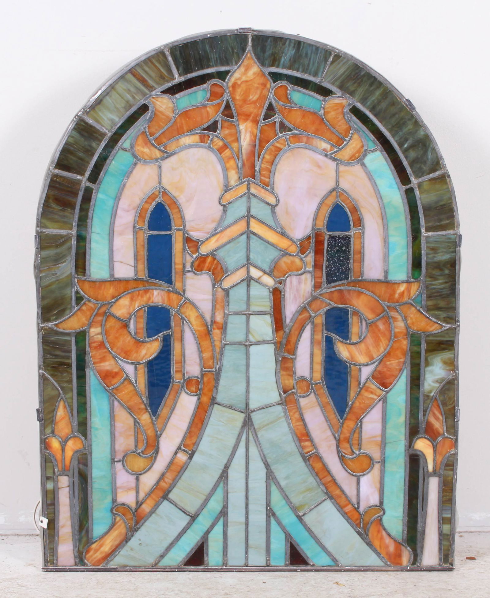 Stained glass light box: Stained glass light box, 20th c, Fleur De Lis pattern, stained glass measures 41-1/4" x 31-1/4", box electrified