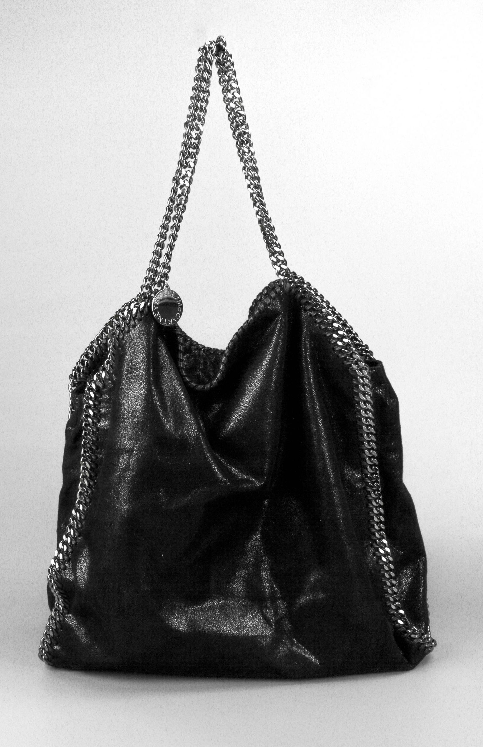 Stella McCartney Shaggy Deer Falabella Tote: Stella McCartney Shaggy Deer Falabella tote, black vegetarian leather, gunmetal chain trimmed and handled, vegetarian leather blanket stitch trim, nylon interior with coin purse, includes dust bag, ve