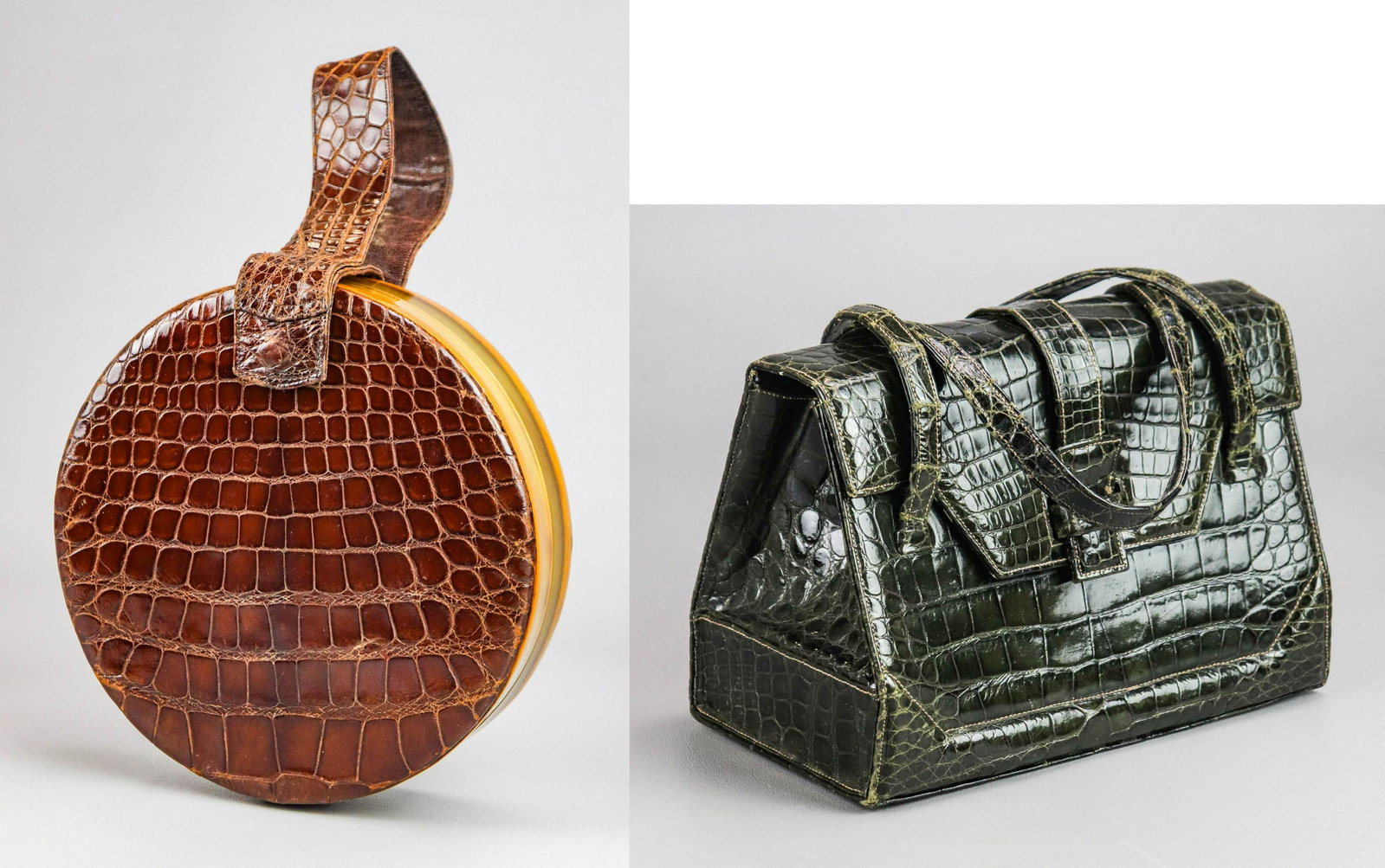 (2) 60's Alligator Handbags: (2) 60's alligator handbags to include Koret alligator and faux tortoise drum bag, alligator loop handle, single pouch interior, 8" diam and green alligator Lucille De Paris handbag with flap and tab 