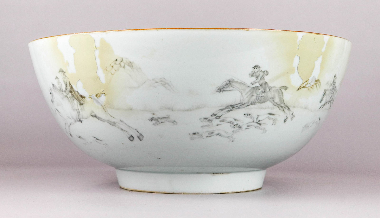 18th C Chinese Punch Bowl, En Grisaille Fox Hunt: 18th c Chinese Porcelain Punch Bowl, En Grisaille Fox Hunt in a Landscape Decoration, old restoration with peeling overspray appears to have been done to cover 4-5 tight hairline cracks around top rim
