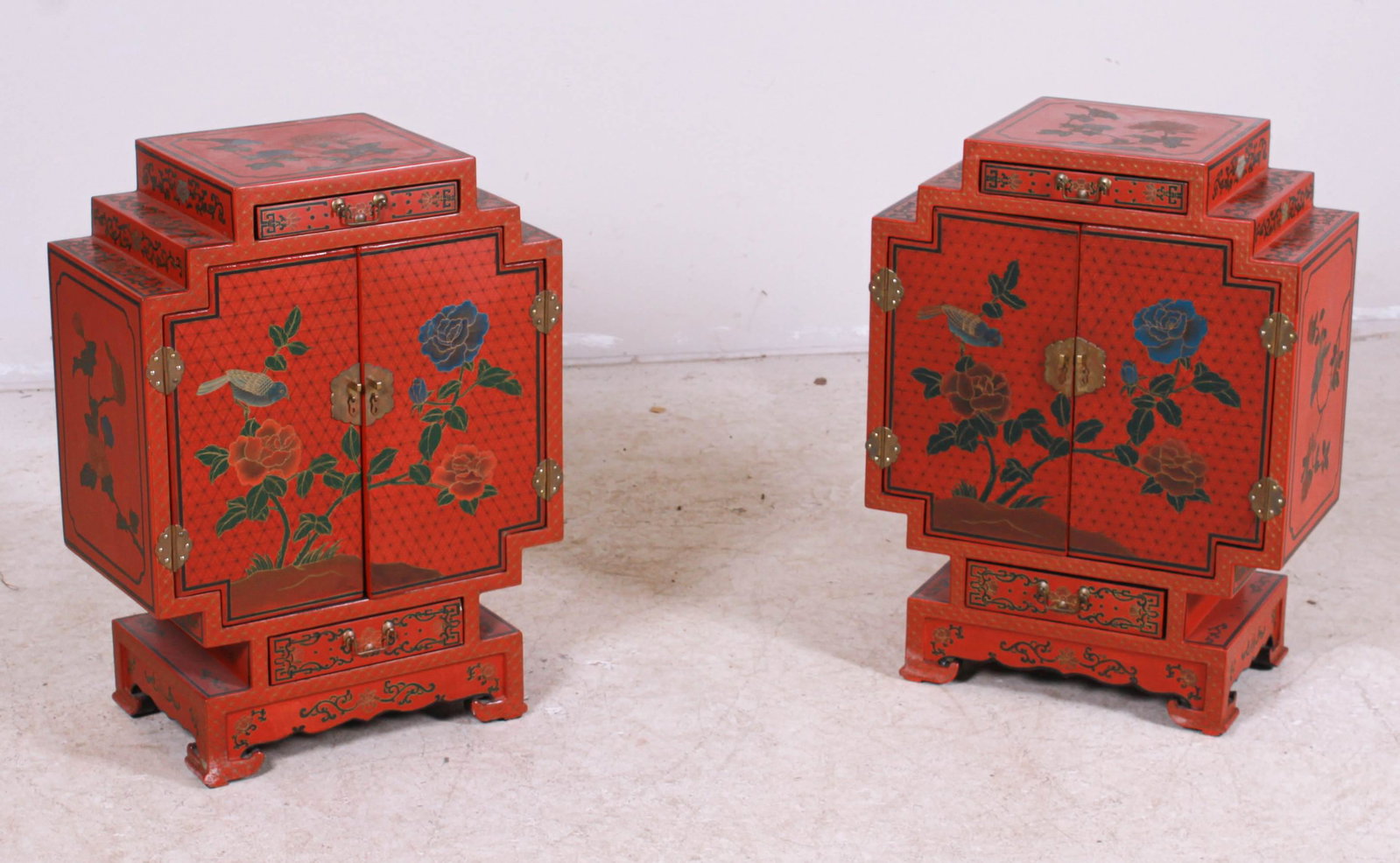 Pair of Chinese Red Lacquer Chests: Pair of Chinese red lacquer stepped top side chests, bird & flower decoration, double door with interior & exterior drawers, 18-1/2" w x 9-3/4" d x 24-1/4" h