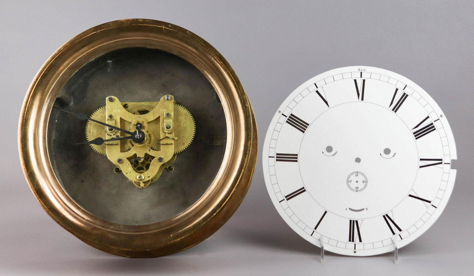 Seth Thomas Brass Ships Clock: Seth Thomas Brass Ships Clock, No 10 Double Barrel Lever Movement, c 1913, 10" dial, 11 5/8" d door bezel, time only, runs when wound, movement marked with ST logo and "No 10", dial replaced, rare siz