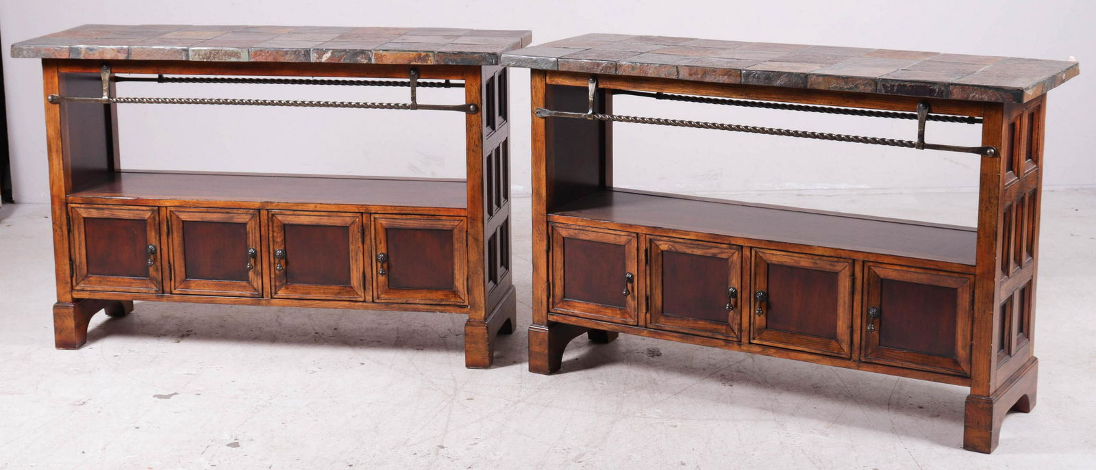Pair Walnut paneled stone top consoles (1 of 2)