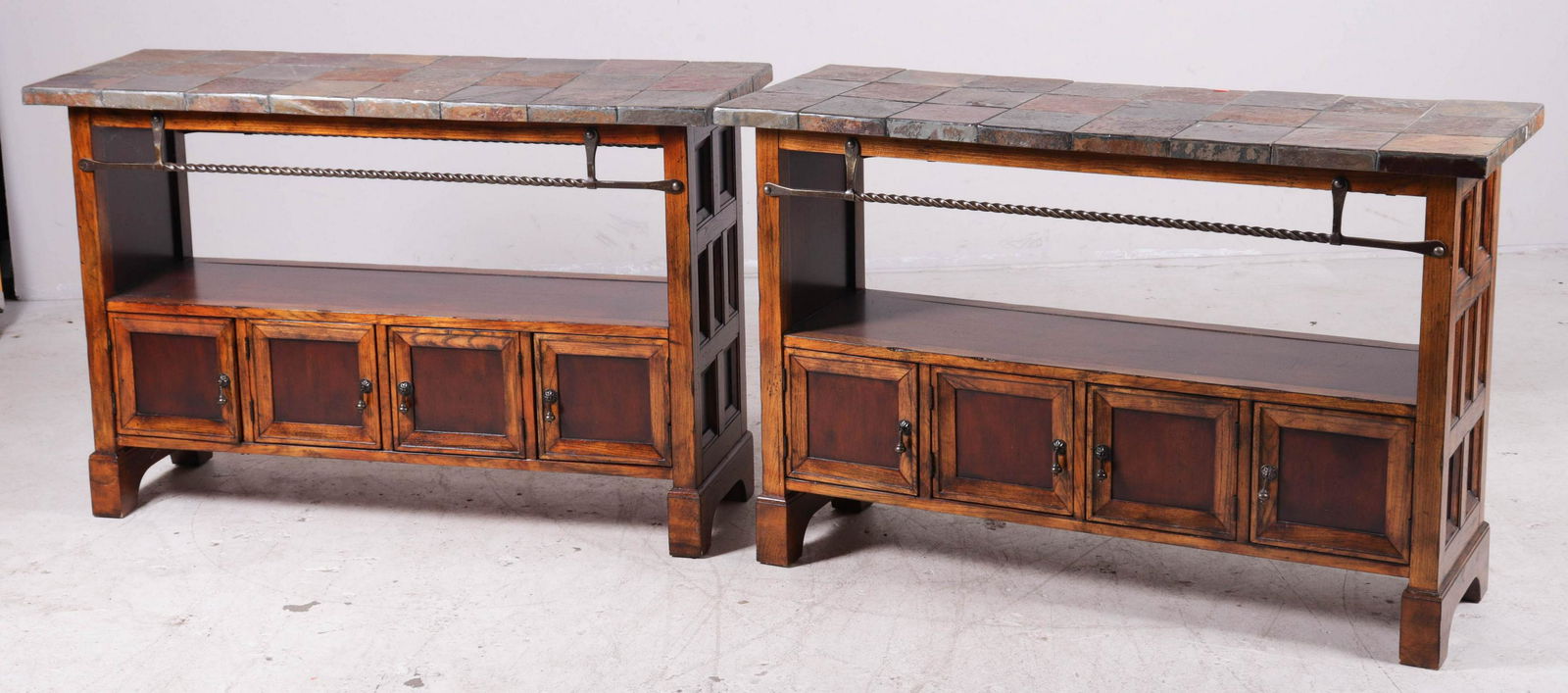 Pair Walnut paneled stone top consoles (1 of 4)