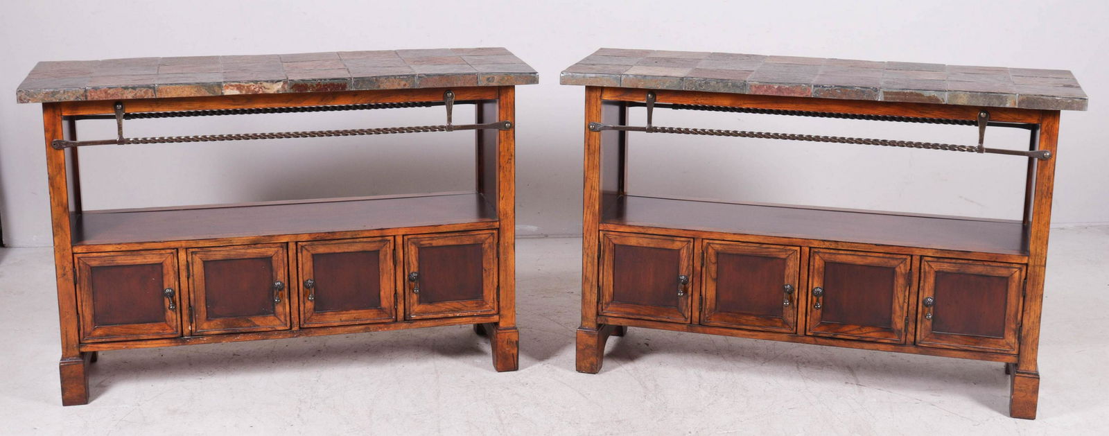 Pair Walnut paneled stone top consoles (1 of 3)