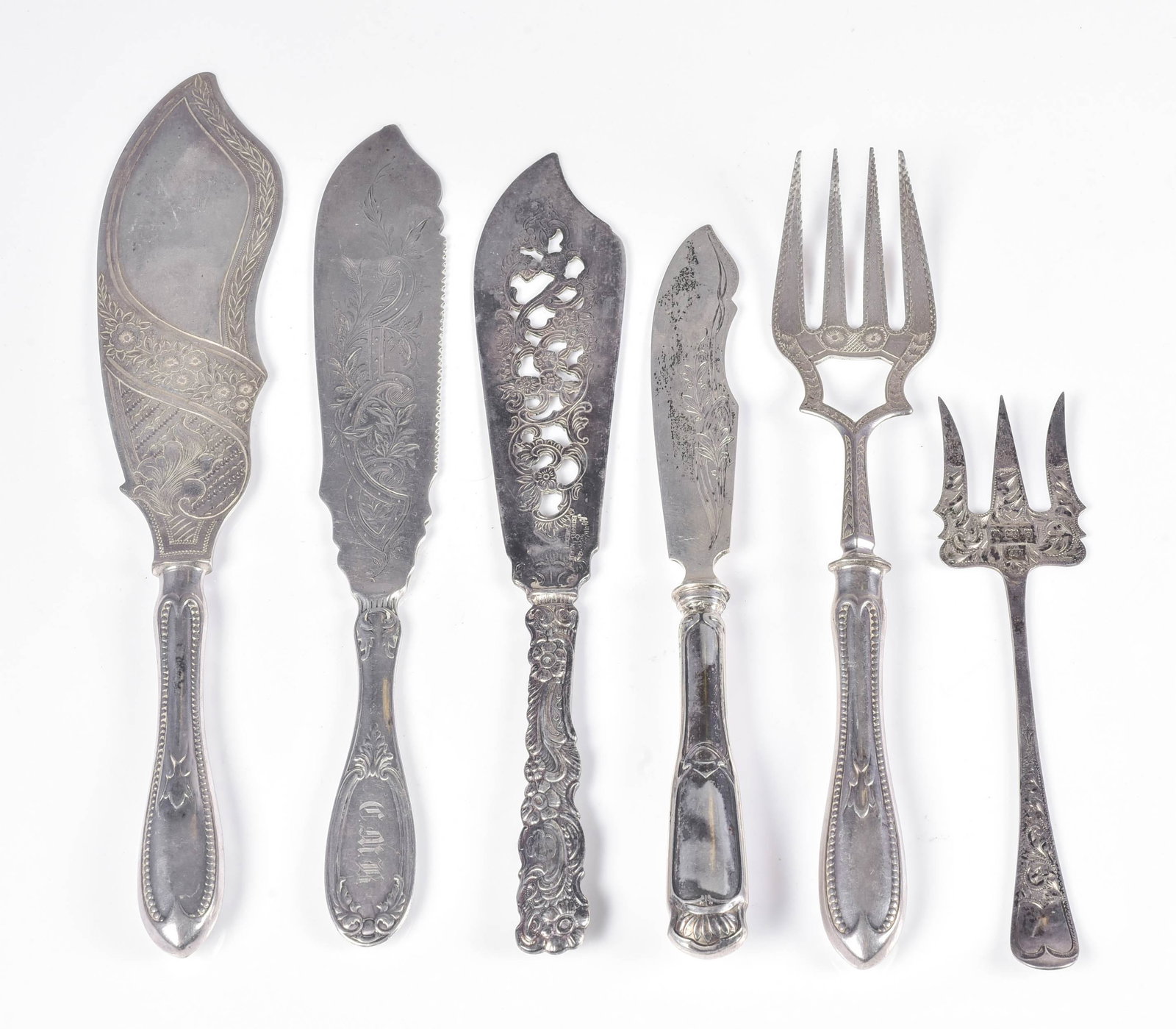 (6) Fish Set, Sardine Fork and Fish Knife: Fish set, sardine fork and fish knife to include NY Gale and Willis sterling weighted fish set, sterling blade and tines in floral etched decoration, English sterling bright cut sardine fork, Birmingh