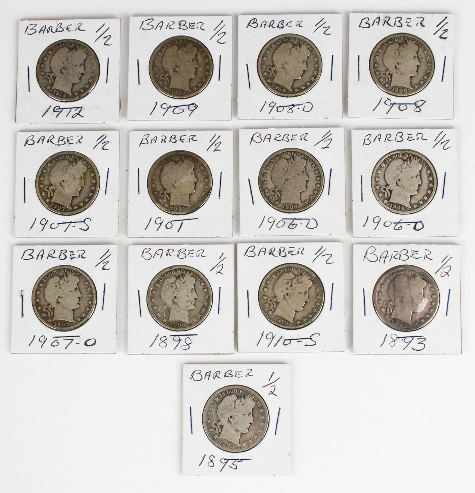 (13) Barber Half Dollars, $5.50 Face, 90% Silver (1 of 2)
