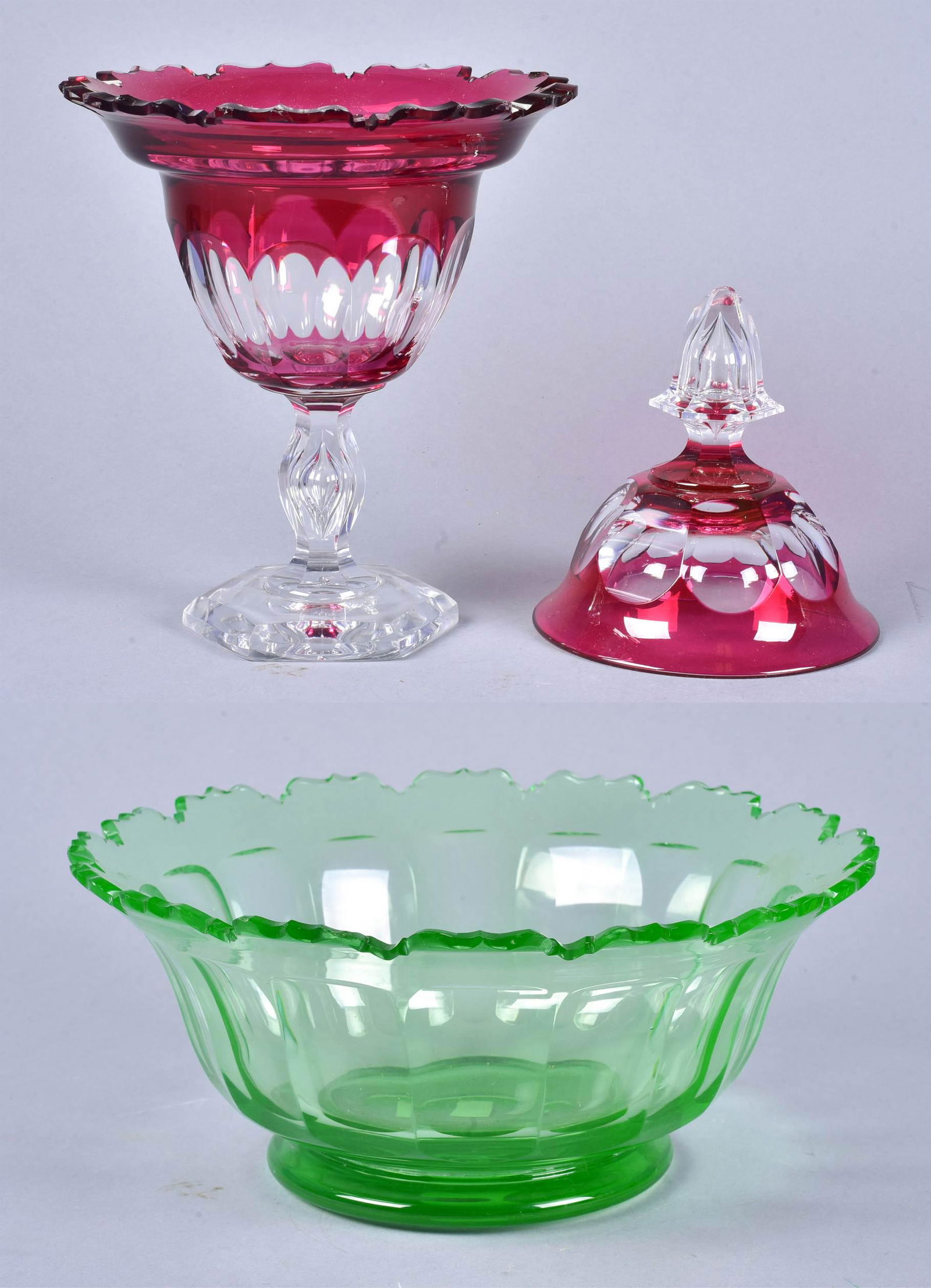 19th c. Compote, scallop cut green glass bowl (1 of 2)