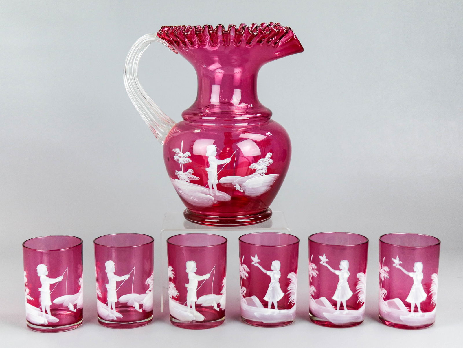 Mary Gregory Pitcher and (6) Tumblers (1 of 2)