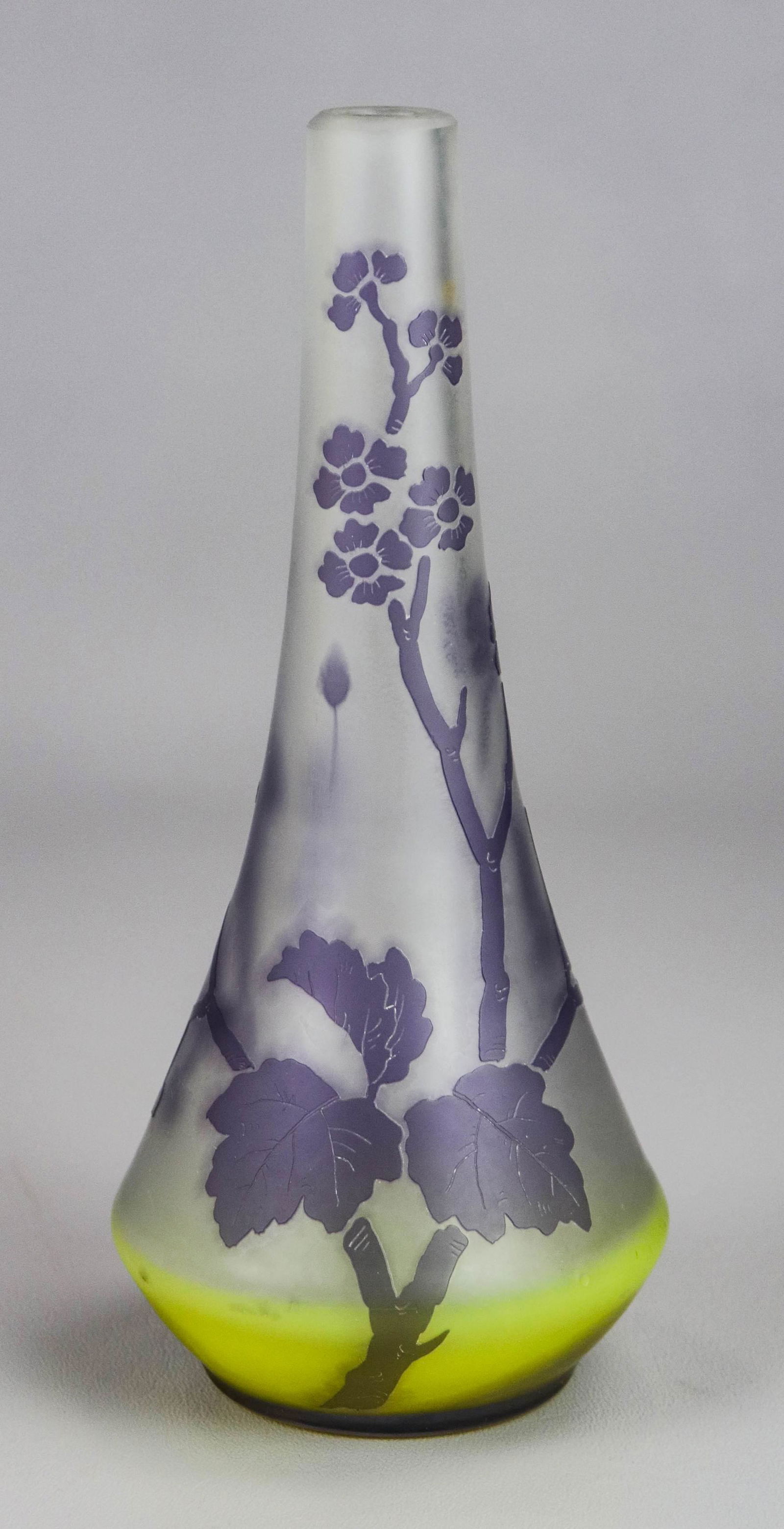 Fritz Heckert Art Nouveau Cameo Glass Vase: Fritz Heckert Art Nouveau cameo glass vase, chartreuse to olive green base with iridescent body and etched purple floral decoration, 8-1/2" h, signed with etched F.H at side
