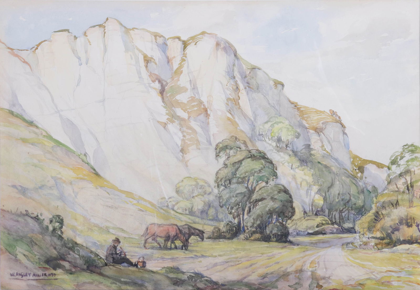 William Ongley Miller English Landscape Watercolor: William Ongley Miller (British, 1883-1960) English landscape watercolor, watercolor on paper, signed "W. Ongley Miller 1937", 12-3/4" x 18-1/2" sight, framed 23" x 28-1/4", good condition