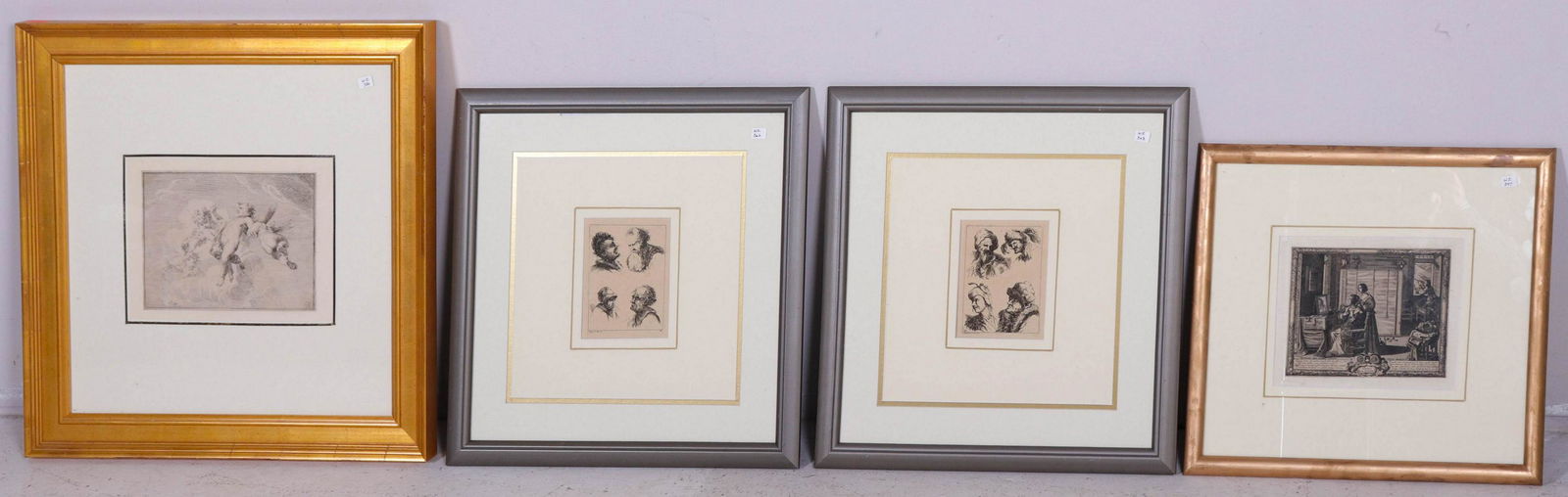 (4) Etchings After Old Masters: (4) Etchings after Old Masters, two head studies, after Christian Ludwig von Hagedorn, 5-1/8" x 3-7/8" plate; "Visus la Veve", after Abraham Bosse, trimmed to image, 6" x 7-3/4" sheet' "Vier Putti Tus