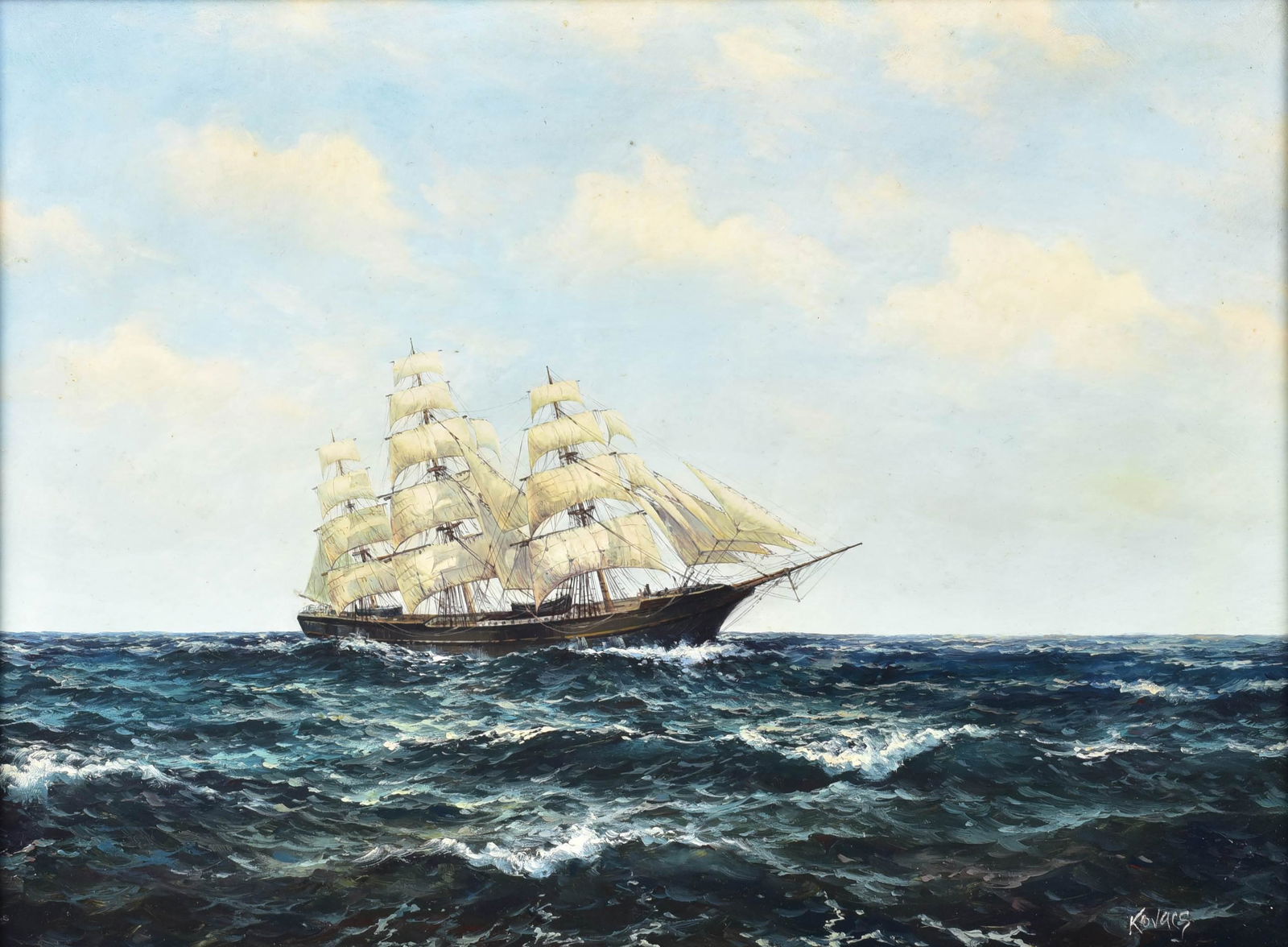 Kovacs Marine Painting of a Ship: Kovacs marine painting of a ship, oil on board, signed Kovacs, late 20th C, 16" x 20", framed 21" x 25", very good condition