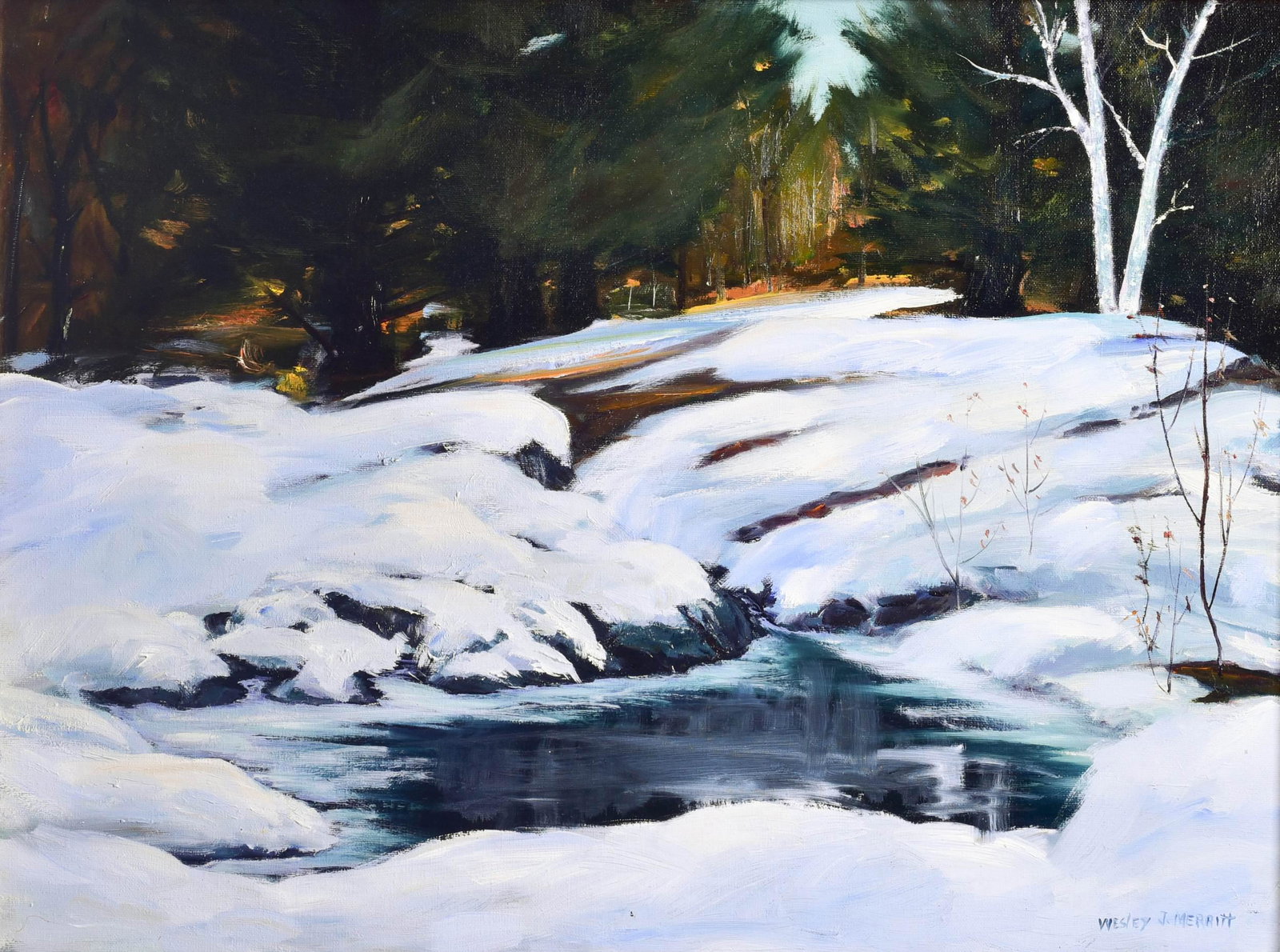 Wesley Jay Merritt Winter Landscape: Wesley Jay Merritt, 20th C American, winter landscape, 18" x 24", framed 23-1/2" x 29-1/2", framed 23-1/2" x 29-1/2", excellent condition