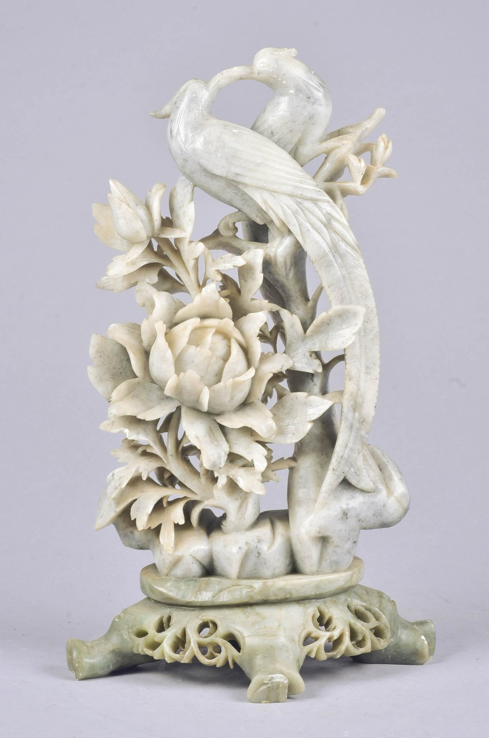 Chinese Shoushan Carved Stone Figure: Chinese Shoushan carved stone figure, birds on branch, 12-1/2" h
