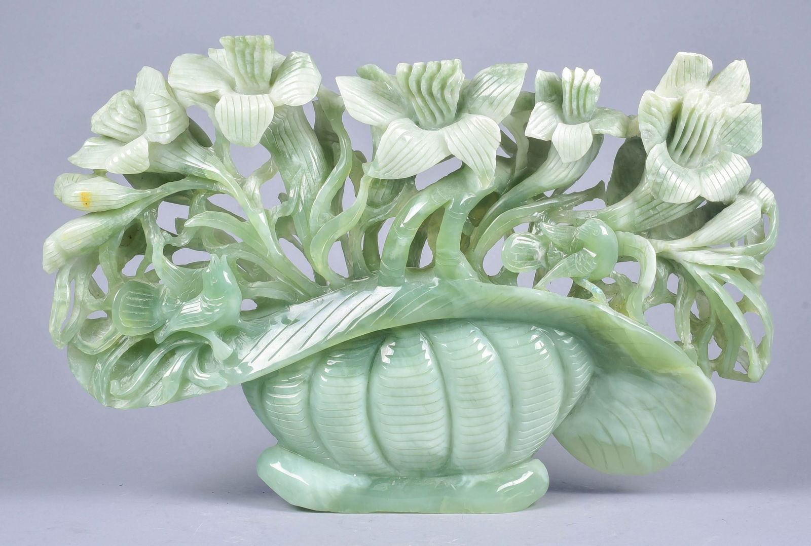 Chinese Carved Green Stone Basket of Flowers (1 of 5)